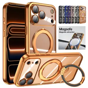 For iPhone 17 Pro Max 16 15 14 13 Case with Stand, Magnetic Clear Cases Plating Edge Invisible Ring Holder Slim Shockproof Protective Kickstand Phone Case