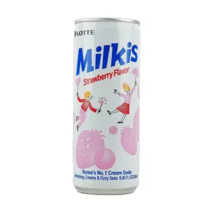 LOTTE Milkis Strawberry Soda Drink - Zero Fat Carbonated Milk Beverage, 250ml Can (Pack of 12)