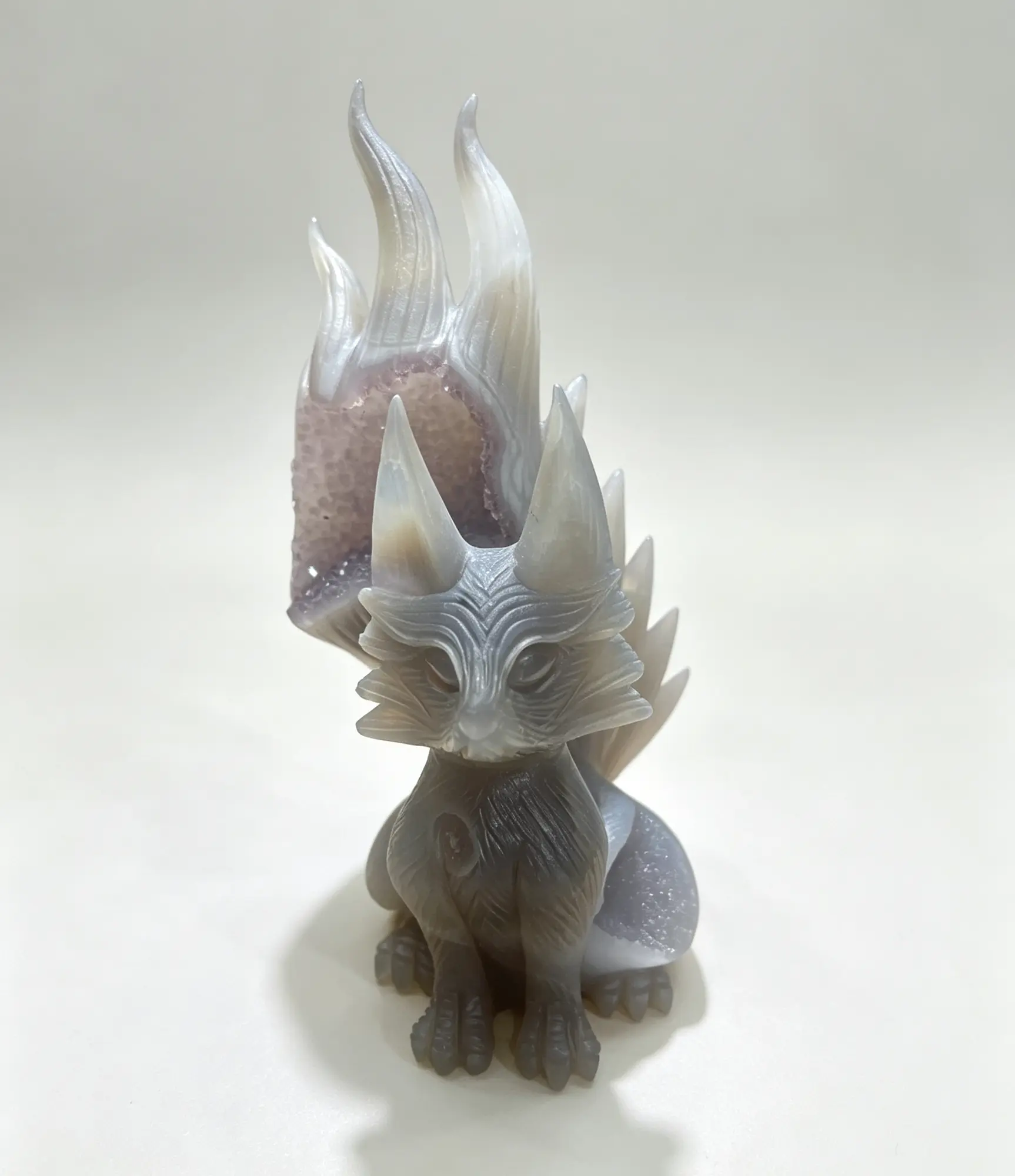 Natural Crystal Druzy Agate 9-Tail Fox Carving, Jewelry Accessory & Decoration