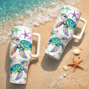 1 Pc 40oz Sea Turtle Insulated Travel Mug With Handle, Ocean Style Coffee Tumbler For Hot And Cold Drinks, Large Capacity Reusable Cup, Insulated Cups, Colorful Artistic Drinkware For Beach And Summer, Gift For Ocean Lovers, Stainless Steel Tumbler