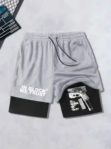 Men's Regular Fit Hand & Gun Print 2 in 1 Drawstring Waist Shorts, Casual Pocket Track Shorts for Summer, Fashion Men's Bottoms for Daily Wear