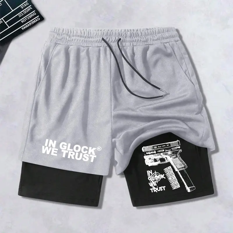 Men's Regular Fit Hand & Gun Print 2 in 1 Drawstring Waist Shorts, Graphic Shorts, Casual Pocket Track Shorts for Summer, Fashion Men's Bottoms for Daily Wear