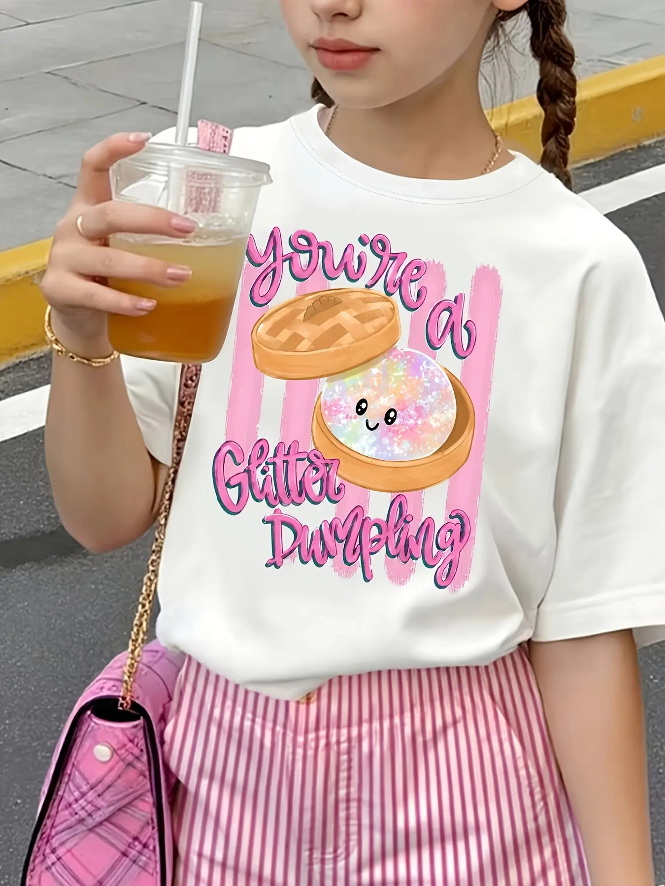 Cute Cartoon Bamboo Steamer Glitter Dumpling You're A Glitter Dumpling Vertical Brush Stroke Graphic Micro Loose Crew Neck Short Sleeve T-Shirt For Women Sweet Food Lover Casual Daily Tee