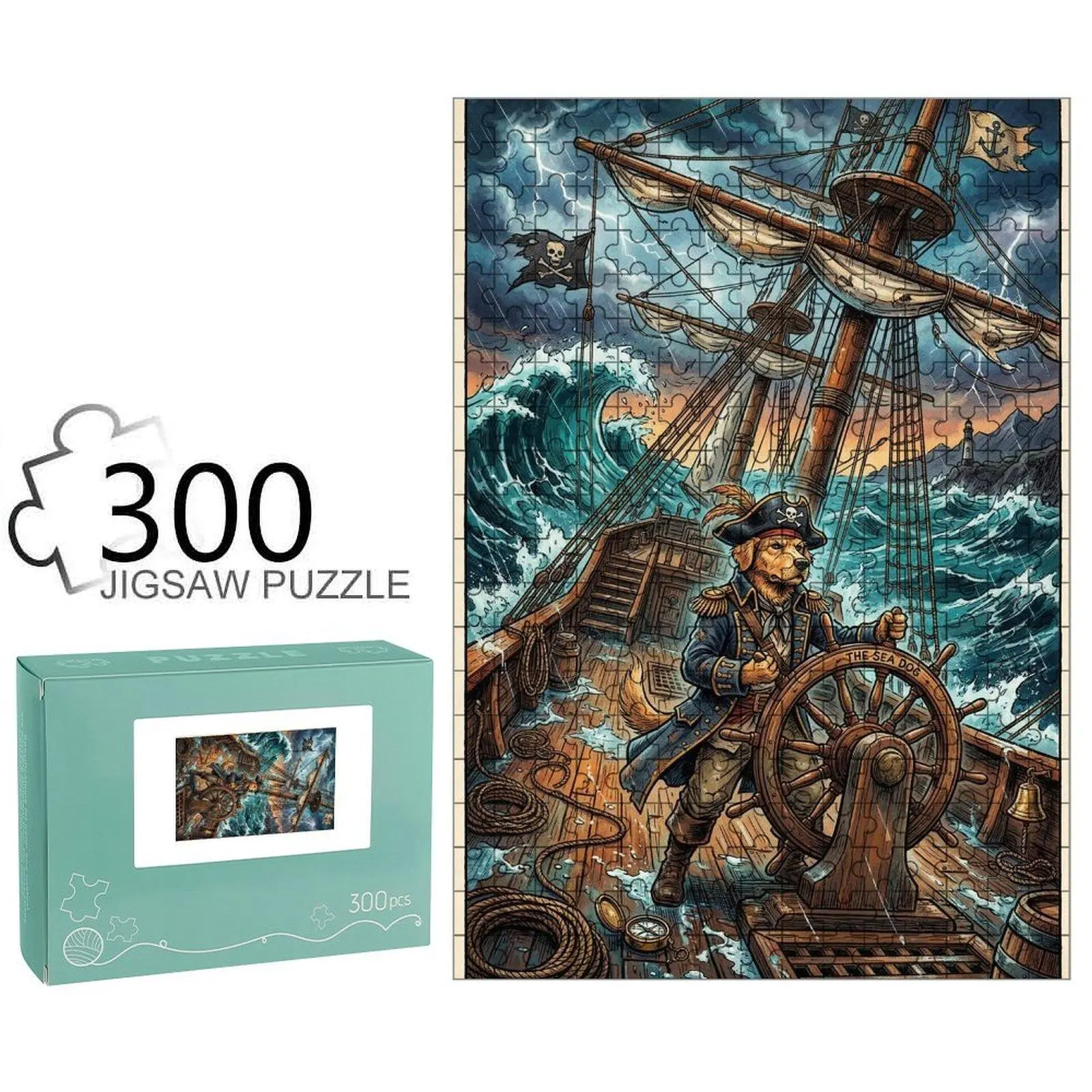 Retro Pirate Dog Captain Stormy Sea Rectangular Jigsaw Puzzle - Premium Cardboard Jigsaw Pieces, Thick Construction, Nautical Art, Family Gathering Activity, Children's Developmental Toy