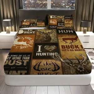 3Pcs Hunting Deer Buck Fitted Sheet Three Piece Set (1*Fitted Sheet+2*Pillowcases, Coreless), Outdoor Adventure theme, Wildlife Bedding Set, Mattress protector Soft, Breathable