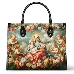 Catholight Halo Of Roses Leather Bag - Quick Blessings Veganique Leather Madonna & Child Design with Cherubs & Roses