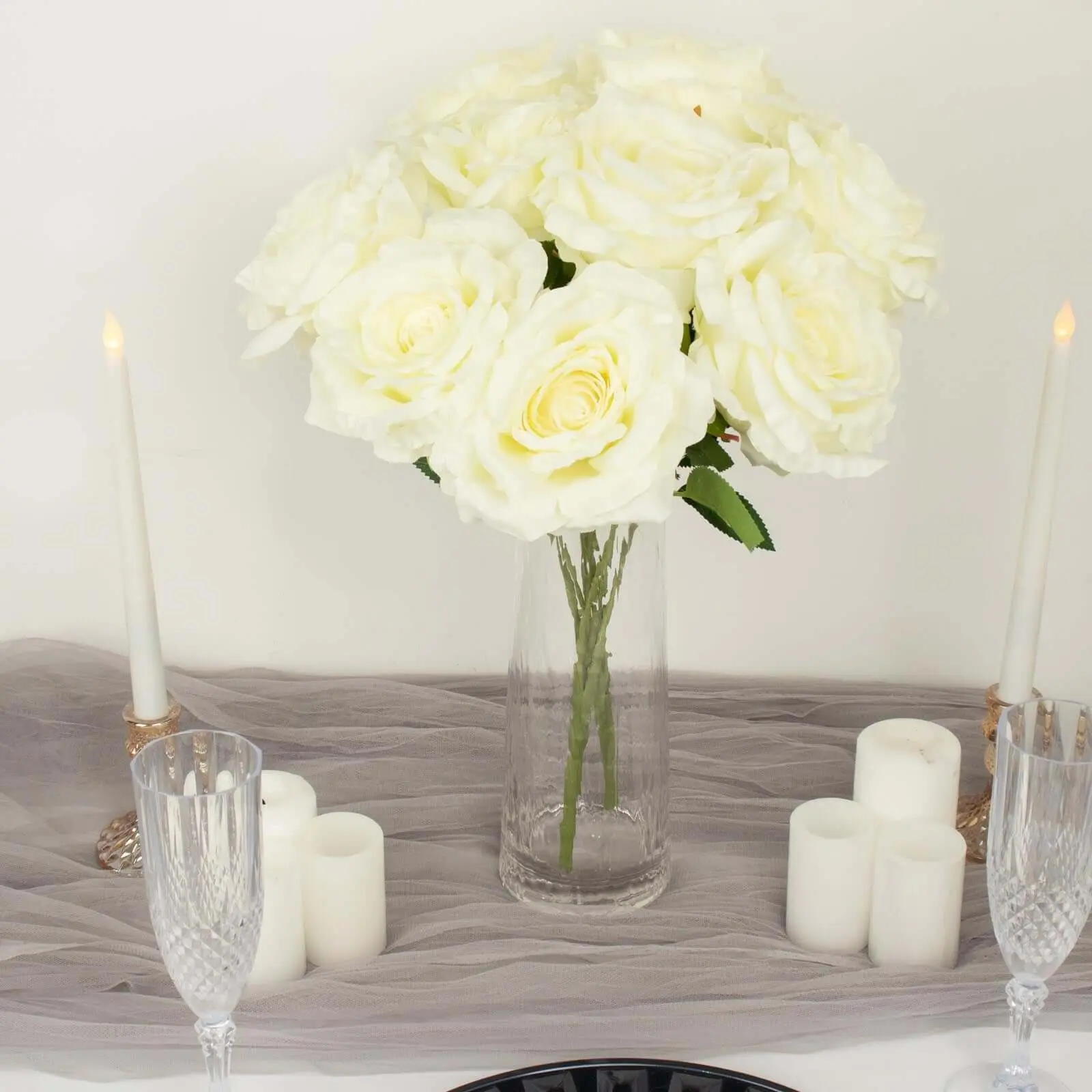 2-Piece Set 17 in Decorative Bouquet Jumbo Pack, Ivory Premium Silk Rose Flower Bushes, Synthetic Artificial Floral Decor for Wedding & Home Supplies