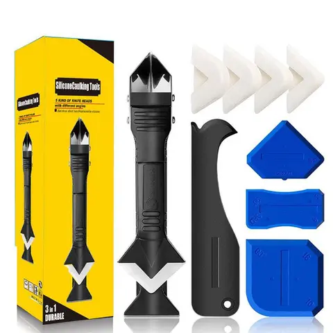 3 In 1 Caulking Tool Kit - Hardware Hand Tools Set with 3 Glass Glue Corner Scrapers, Silicone Squeegee for Caulk Removal, Grout Cleanup