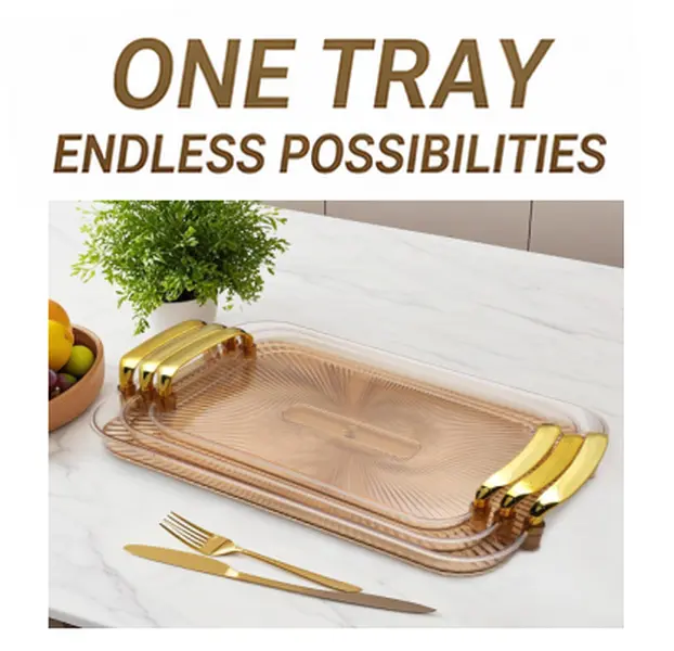 3Pcs Light Luxury Transparent Amber Serving Trays, Radial Texture Rectangular Plastic Trays With Golden Handles, Stackable Decorative Vanity Tray For Snacks Fruit Coffee Cup Cosmetic Storage Kitchen Home Table Decor