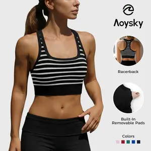 Aoysky Womens Racerback Ribbed Sports Bras Padded Low Impact Scoop Neck Workout Yoga Top Striped Athletic Cami Longline Bras
