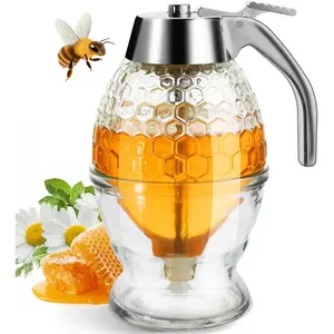 PrimPick 8oz No Drip Glass Honey Dispenser with Plastic Top - Honeycomb-Style Syrup Server and Bee-Themed Storage Jar with Stand - 6" Clear Container for Honey, Maple Syrup