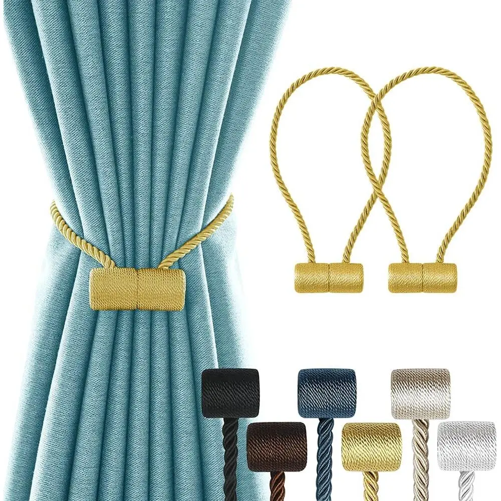 XDerlin 2 Pack Gold Magnetic Curtain Tiebacks 16 Inch Decorative Drapery Holdbacks for Home Office No Tools Needed Easy Install Modern Rope Tie Backs for Thick & Thin Curtains