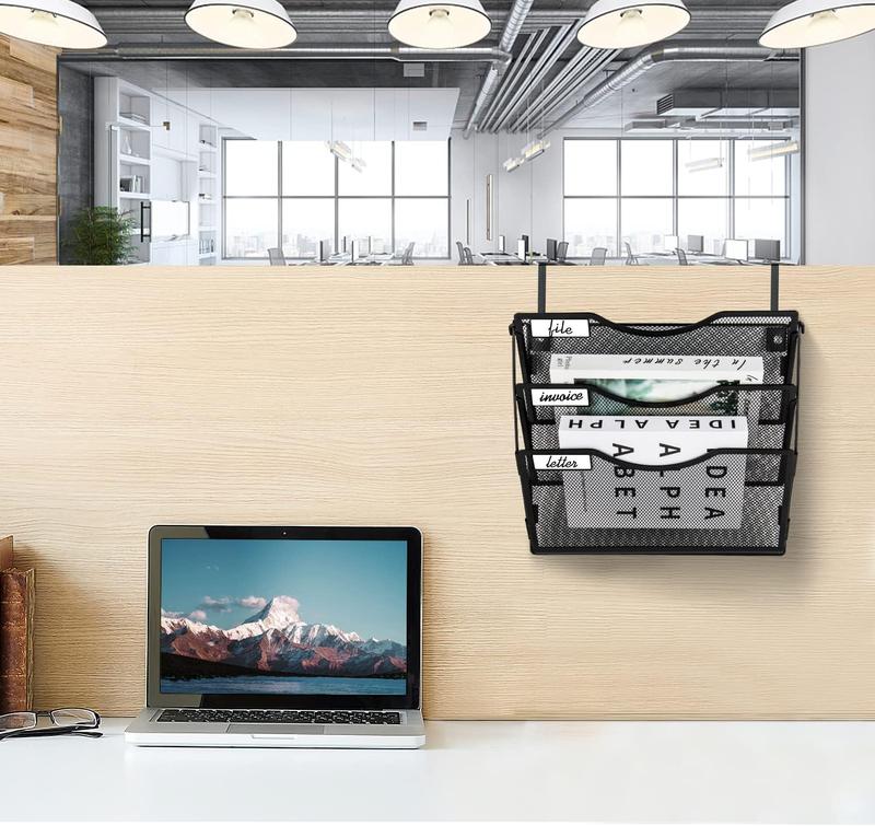 Wall File Organizer 3/5 Pockets, Mail Organizer, Hanging Folder Holder, Foldable | Hanging or Wall Mounted | Label Panel | 2 Hooks | Office Home School Organizer, Black