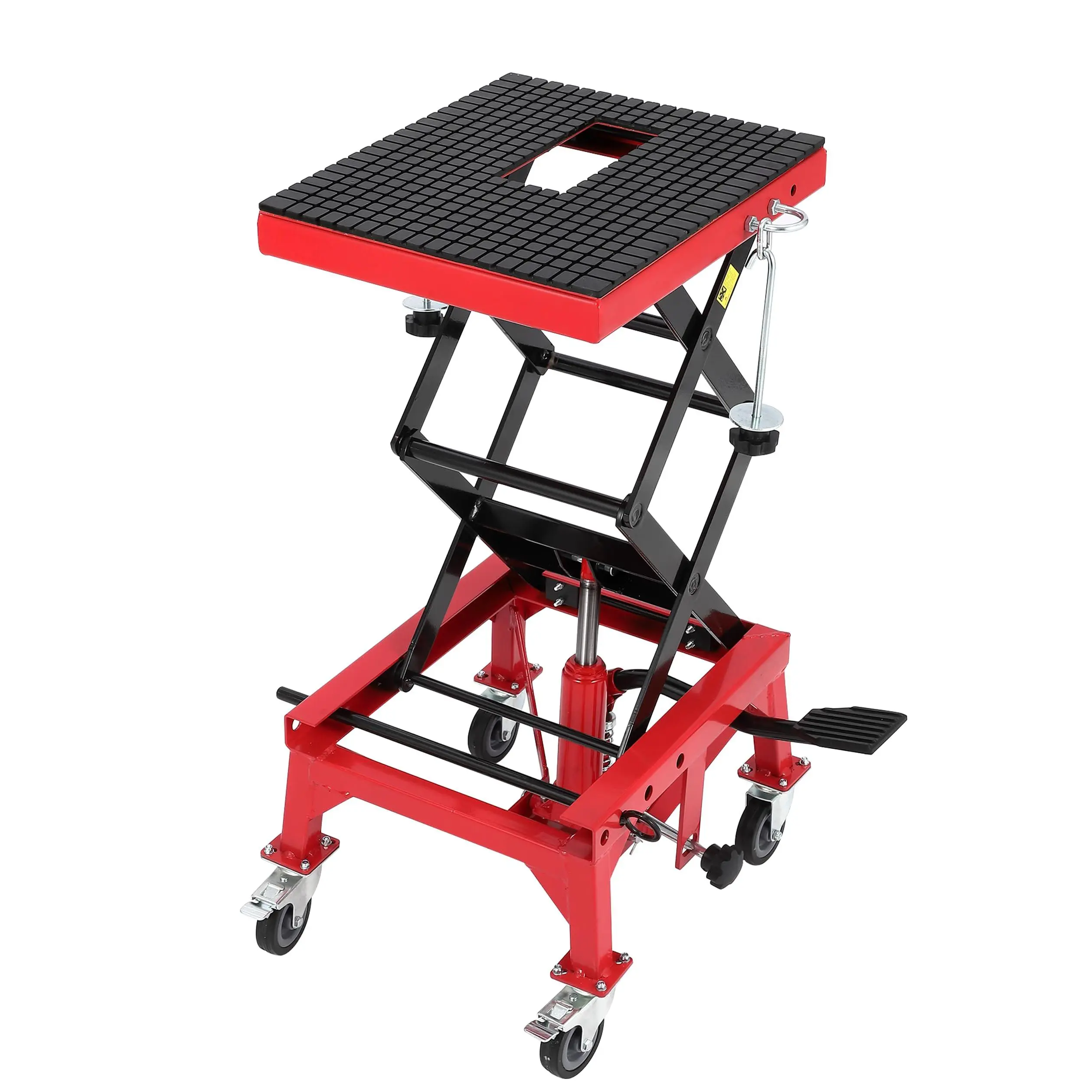 GARVEE Hydraulic Motorcycle Lift Table,350 LBS Capacity,Foot-Operated Scissor Lift Jack with Wide Deck,4 Wheels,j-Hooks,13.78-34.25 in Lifting Height,for Motorcycle, ATV & Buggy Maintenance,Red