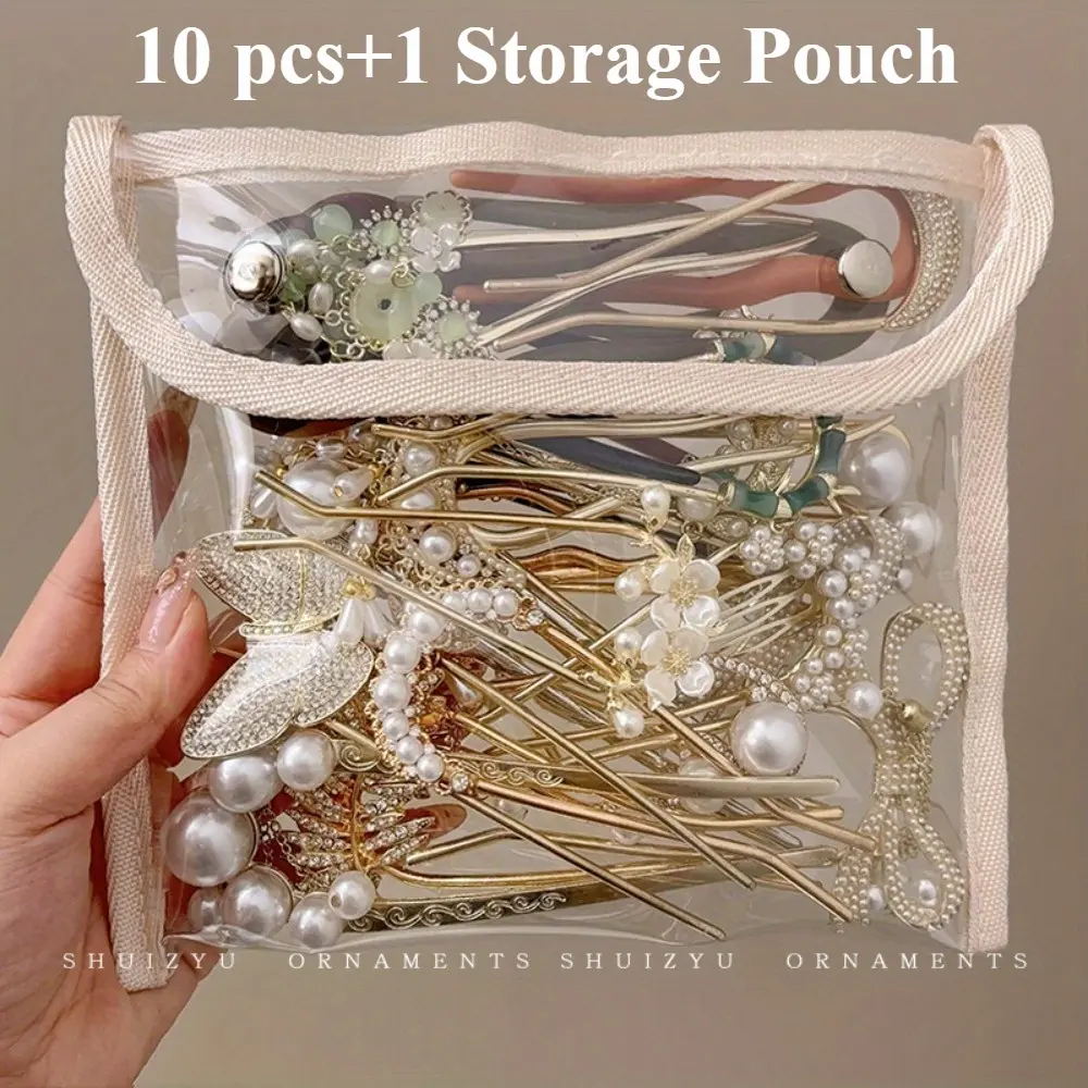 10-Piece Set Random Retro U-Shaped Hairpins, Suitable for Parties, Banquets, Weddings and Daily Use Hair Bun Clips and Hair Forks, Ideal Choice As Women's Birthday or Holiday Gifts (Including Storage Bag)