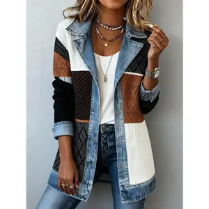 Denim Knitted Patchwork Mid-Length Coat for Women, Autumn Turn-Down Collar Long Sleeve Loose Fit, Casual Street Fashion Versatile Top