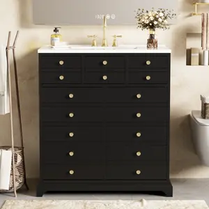30'' Bathroom Vanity with Ceramic Sink Combo, Solid Wood Frame Bathroom Storage Cabinet, Freestanding Vanity Set with 2 Drawers& Soft Closing Doors, Black