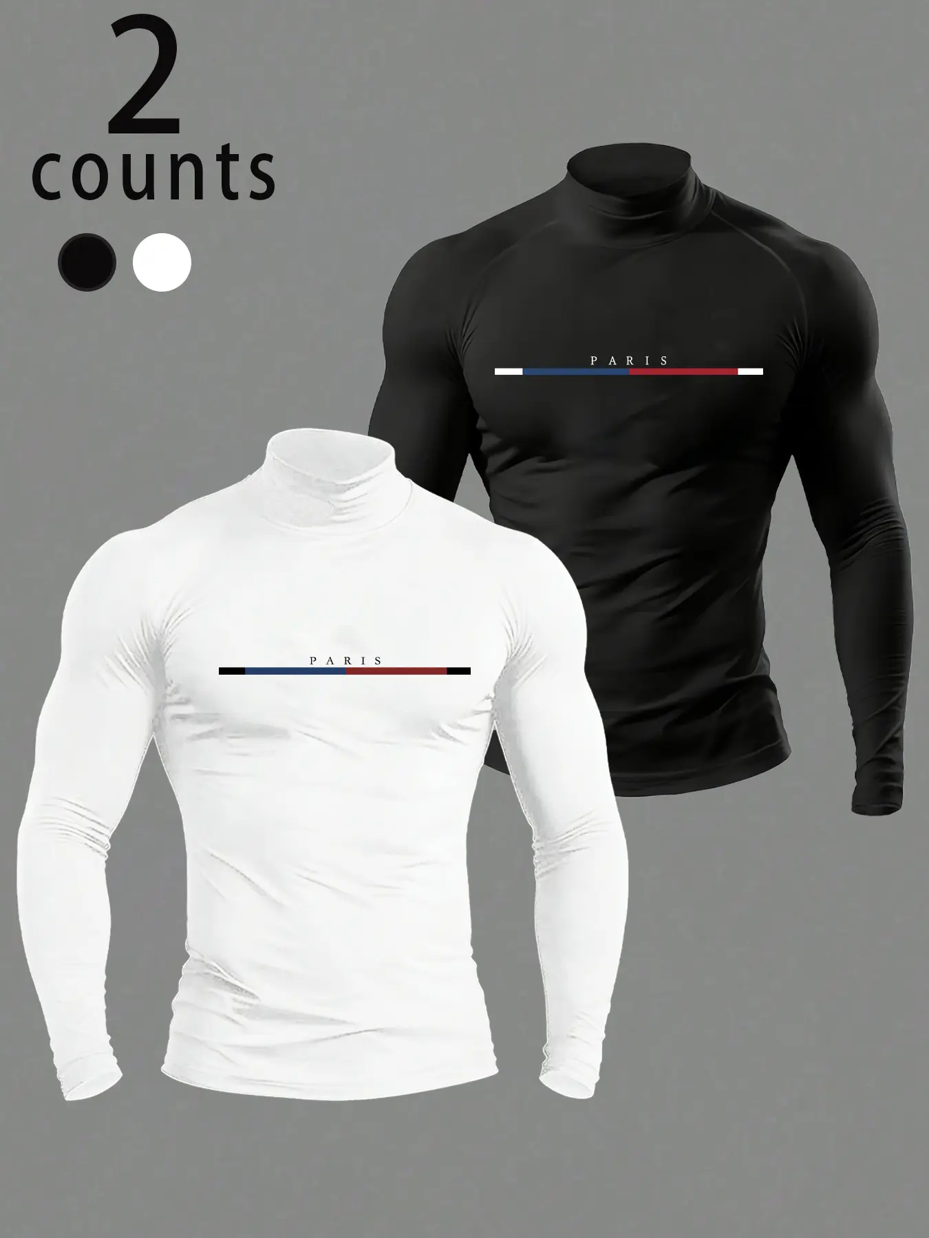 Men's Paris Graphic Compression Turtleneck Shirt, Slim Fit Long Sleeve, Moisture-Wicking, Fitted Short Top for Gym/workout