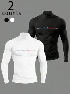 Men's Paris Graphic Compression Turtleneck Shirt, Slim Fit Long Sleeve, Moisture-Wicking, Fitted Short Top for Gym/workout