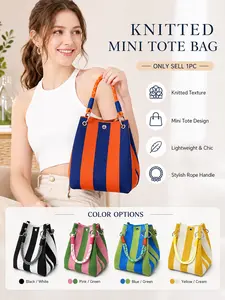Women’s Knit Tote Bag, Striped Bucket Purse with Rope Handles, Mini Casual Shoulder Bag for Phone Wallet and Daily Essentials, Lightweight Beach Bag, Crochet Boho Handbag for Shopping, Beach and Vacation, Birthday Gift for Women