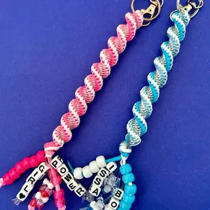 Gender Reveal Plastic Lanyard Lace Boondoggle Keychain Bag Charm with Colorful Beads and Alphabet Charms
