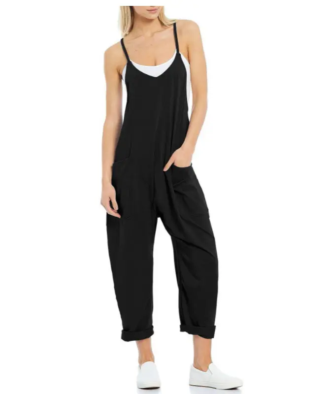 Casual V-Neck Sleeveless Strappy Loose-Fit Harem Pants Jumpsuit, Boho Clothes with Fade Craft, All-Season Cute Clothes (Women's Suits & Sets)Women's Multi-Pocket Acid Wash Cotton Overalls  Fashion Style