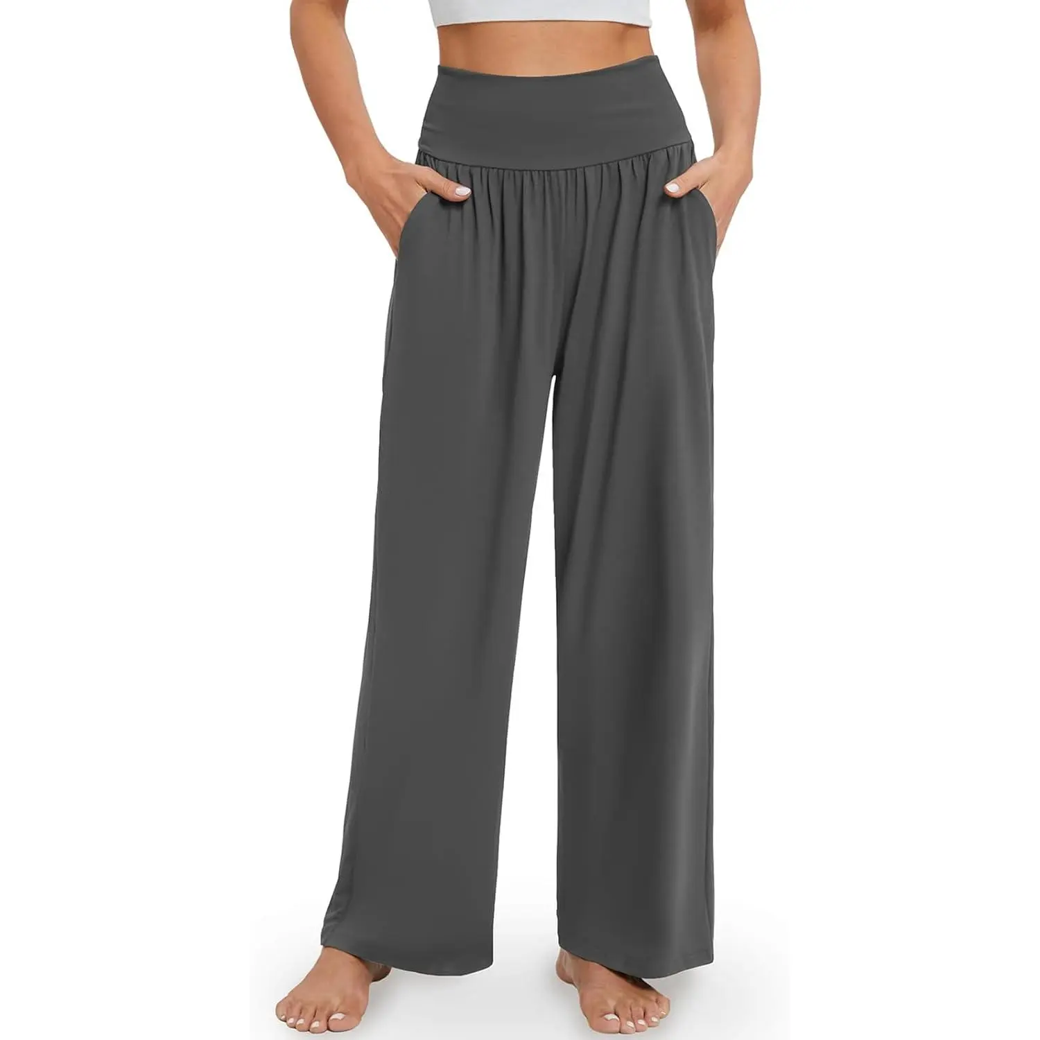 Women's Loose Flowy High-Waisted Wide Leg Lounge Pants, A-Apricot Home Wear with Stretchy Waistband & Pockets, Machine Washable Minimalist Basic Loungewear Bottoms