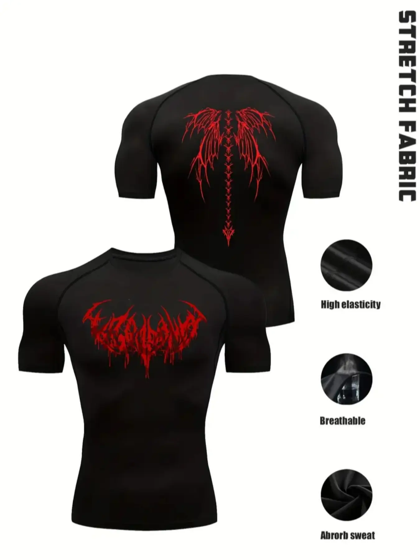 Gothic Men's Black Fitness T-Shirt, Breathable Tops, Spine Wing Design, High-Elastic Slim Fit Sports Top, Gym Wear for Training, Workout, Breathable Stretch Fabric, Gothic Gym Shirt for All Sport Scenes, Fitness Apparel, Fitness Clothes