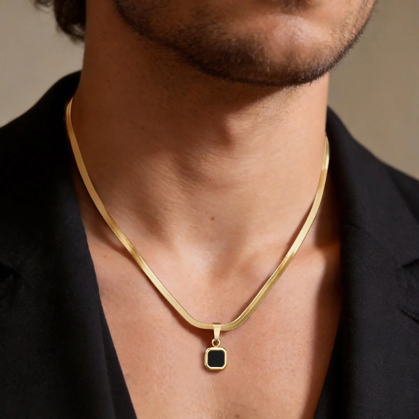FashionUS - Vnox Geometric Square Natural Stone Pendant Necklace for Men, Gold Silver Color Stainless Steel Blade Chain, Trendy Jewelry Gift
