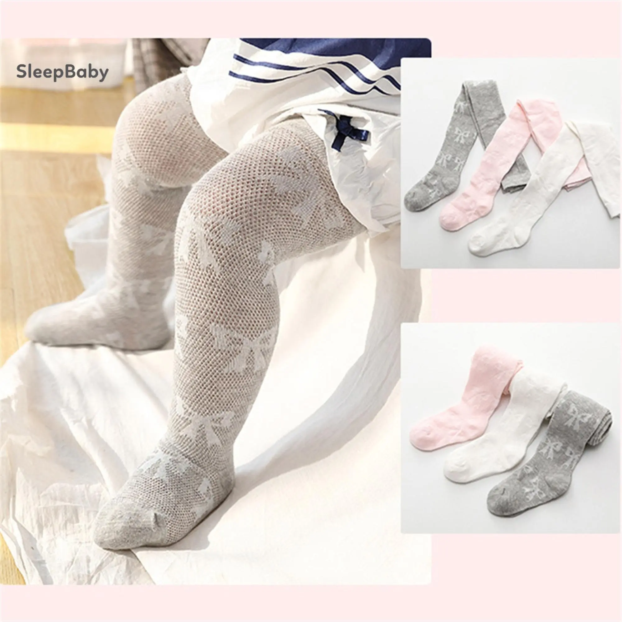 Toddler Baby Girls Stretchy Fabric Tights - Bow Print Mesh Net Footed Leggings with Bow Pleats, Knee Pads, and Stretch Pantyhose
