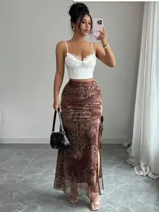 Women's Elegant Leopard Print Mesh High Waist A-Line Skirt, Elasticity Split Design, Fall Fashion Women's Clothing