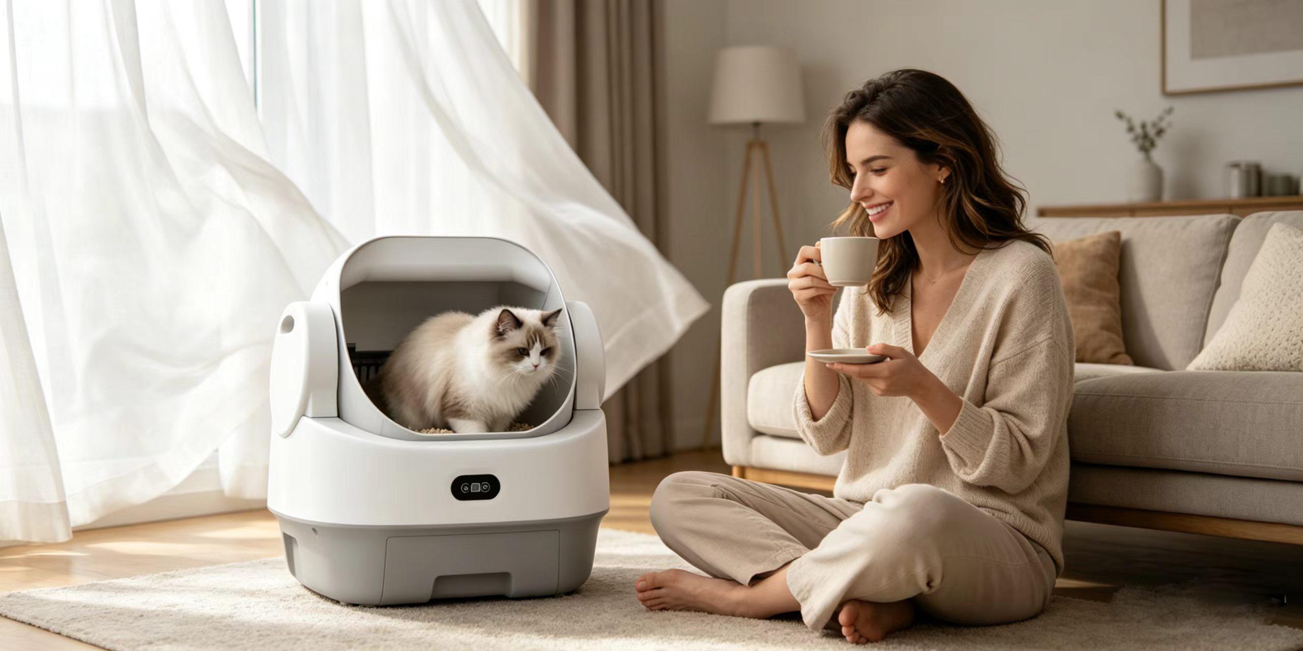 Automatic Cat Litter Box,Self Cleaning Litter Box for Multiple Cats with Open Top Design, App Control, Safety Protection, Ultra-Quiet，Easy Setup,White
