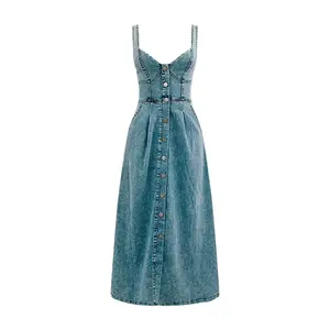 2025 Spring Summer European American Sleeveless Backless Button Up Denim Long Dress with Pockets for Casual Party Beach Club Women's Chic Comfy Cotton Dress