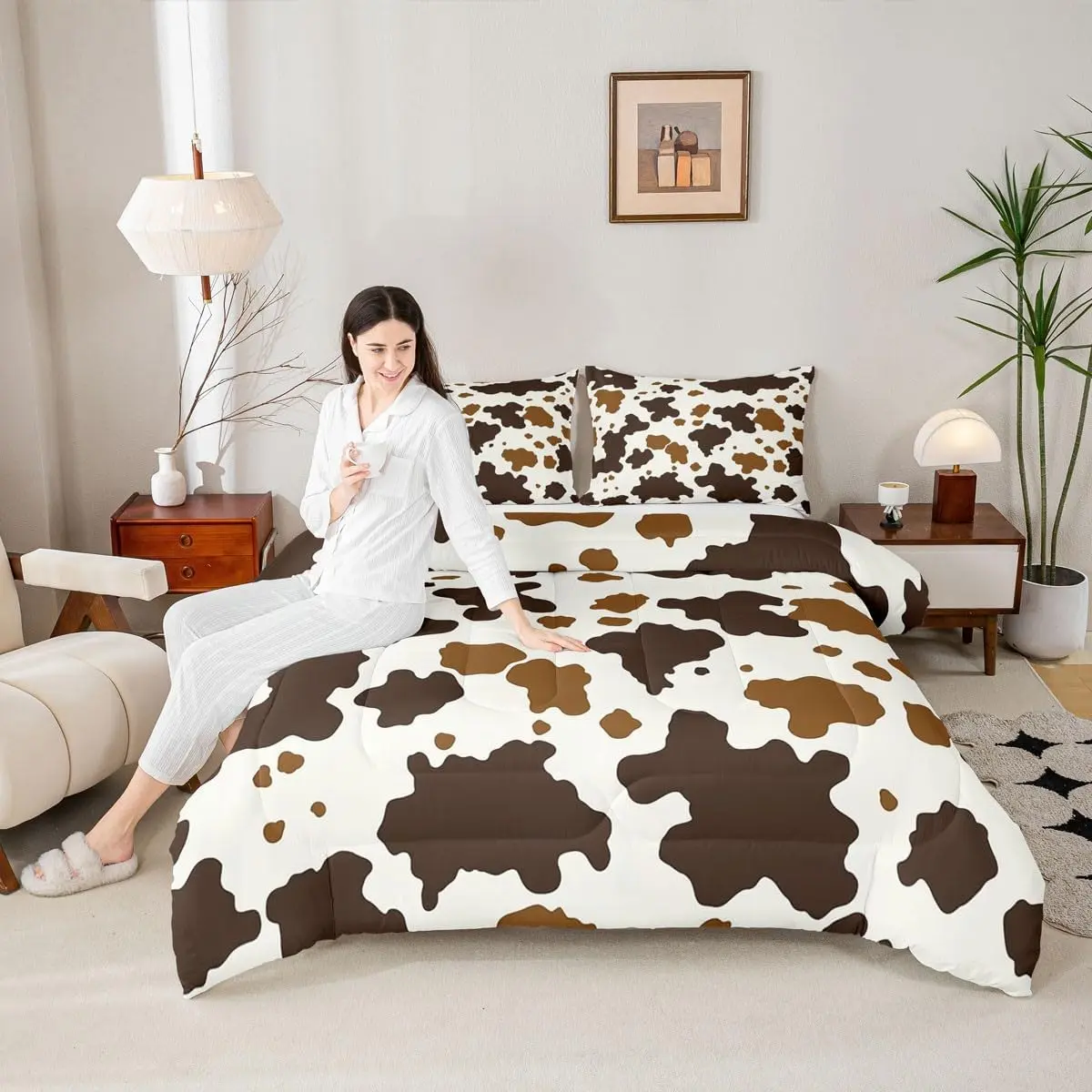 Feelyou Rustic Cow Print Microfiber Bed Comforter Set - Comfy Breathable Soft Western Bedding Set, Brown Bull Cattle Skin Duvet for Farmhouse Bedding Enthusiasts