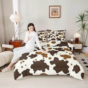 Cow Print Comforter Set,Cowhide Bedding Set for Boys Girls Man Women,Brown Bull Cattle Skin Down Comforter,Farmhouse Animal Skin Duvet Set