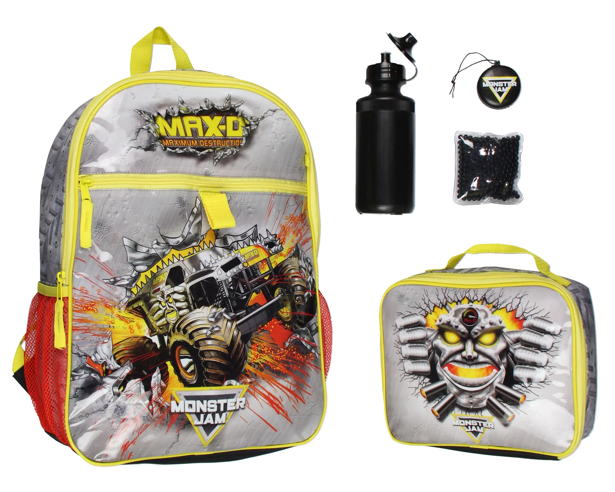 Monster Jam MAX-D Monster Truck 5 PC Backpack Lunch Box Water Bottle Icepack Charm 16"