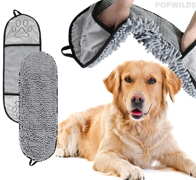 Microfiber Dog Towel for Medium-Large Dogs - Super Absorbent, Quick-Drying, Machine Washable, Gentle-Touch, Handy Hand Pockets, Extra Functionality (Baths, Outdoor Activities), Bath, Absorbs Fast