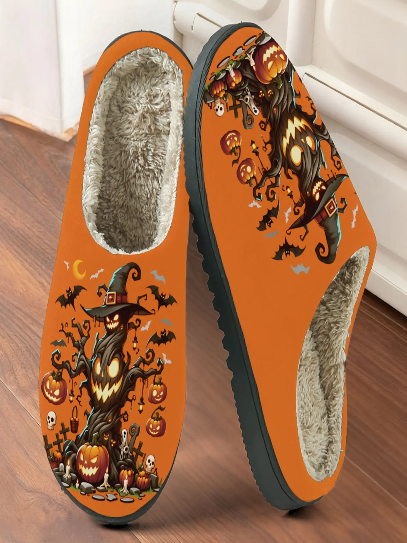 Fantasy Halloween Witch Hat Pumpkin Tree Home Plush Slippers 1 Pair, Funny Vibe Style, Faux Fur Lining + Fleece-Lined Warmth + Platform Cushioning, Halloween Enthusiasts & Home Lovers for Home Foot Warmth + Holiday Fun Outfits, Winter Must-Have!