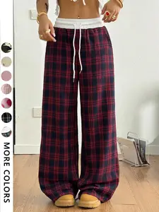 Women's Plaid Patchwork Comfortable Loose Fit Straight Leg Pants, Casual Daily Wear, Graduation Back-To-School, All Seasons