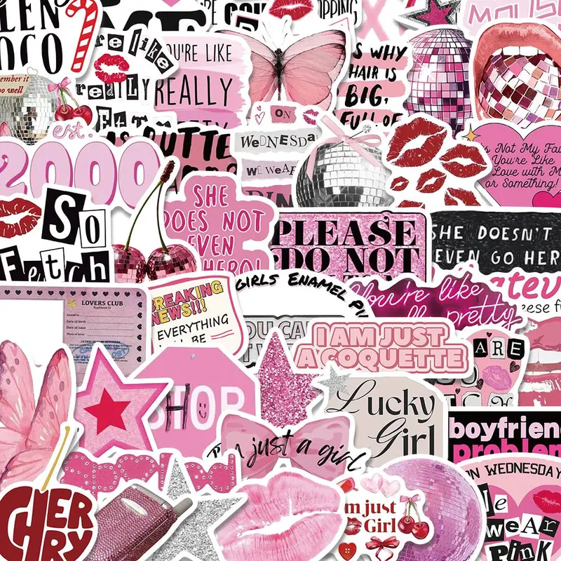 Pink Themed Sticker, 50pcs/set Cute Cartoon Aesthetic Stickers, Emoji Stickers, DIY Decorative Decal Sticker for Phone Case, Smartphone, Cellphone, Computer, Guitar, Bag, Water Cup, Scrapbook, Screen Protector