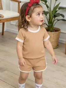 Girls' Solid Color Candy Color Hem Short Sleeve Shorts Set, Summer Breathable Casual, Unisex Baby Clothing