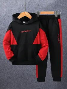 Boys Color Block Long Pants Set with Hooded Design, Casual Spring & Fall Sportswear for Big Kids, Trendy Style Clothing, Easy Movement