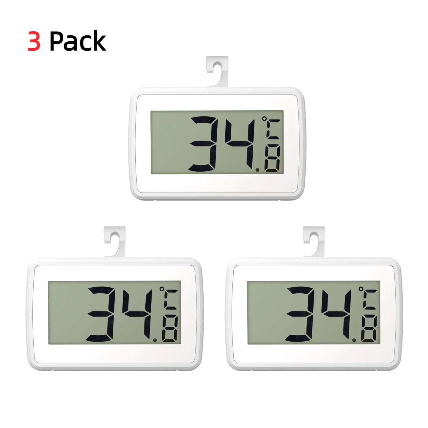 3-Pack Digital Refrigerator Thermometer with Hook, Large LCD Display, High Precision Alarm, Magnetic Design, °C/°F Convertible for Freezer, Indoor & Outdoor Temperature Measuring Tool