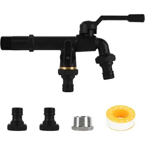 Horticultural black-plated dual-outlet zinc alloy faucet, one inlet two outlet double-nipple tap, all-black outdoor garden watering faucet
