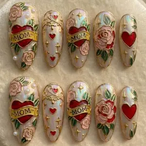 Luxury Stained Glass "MOM" Tattoo Press On Nails | American Traditional Heart & Rose Art
