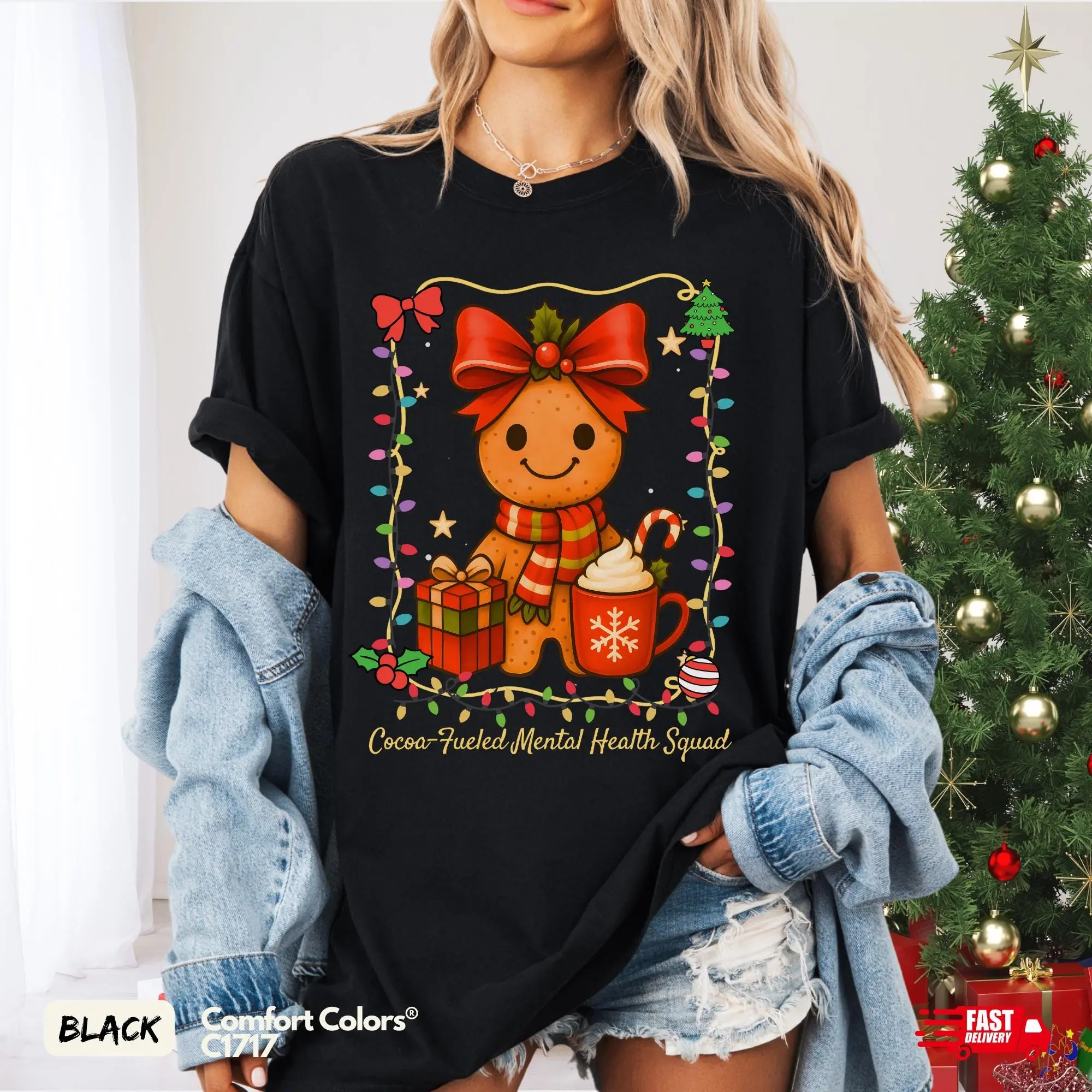 Comfort colors Mental Health Squad Cocoa-fueled Gingerbread Coquette Christmas Graphic T-shirt CF Christmas School Counselor