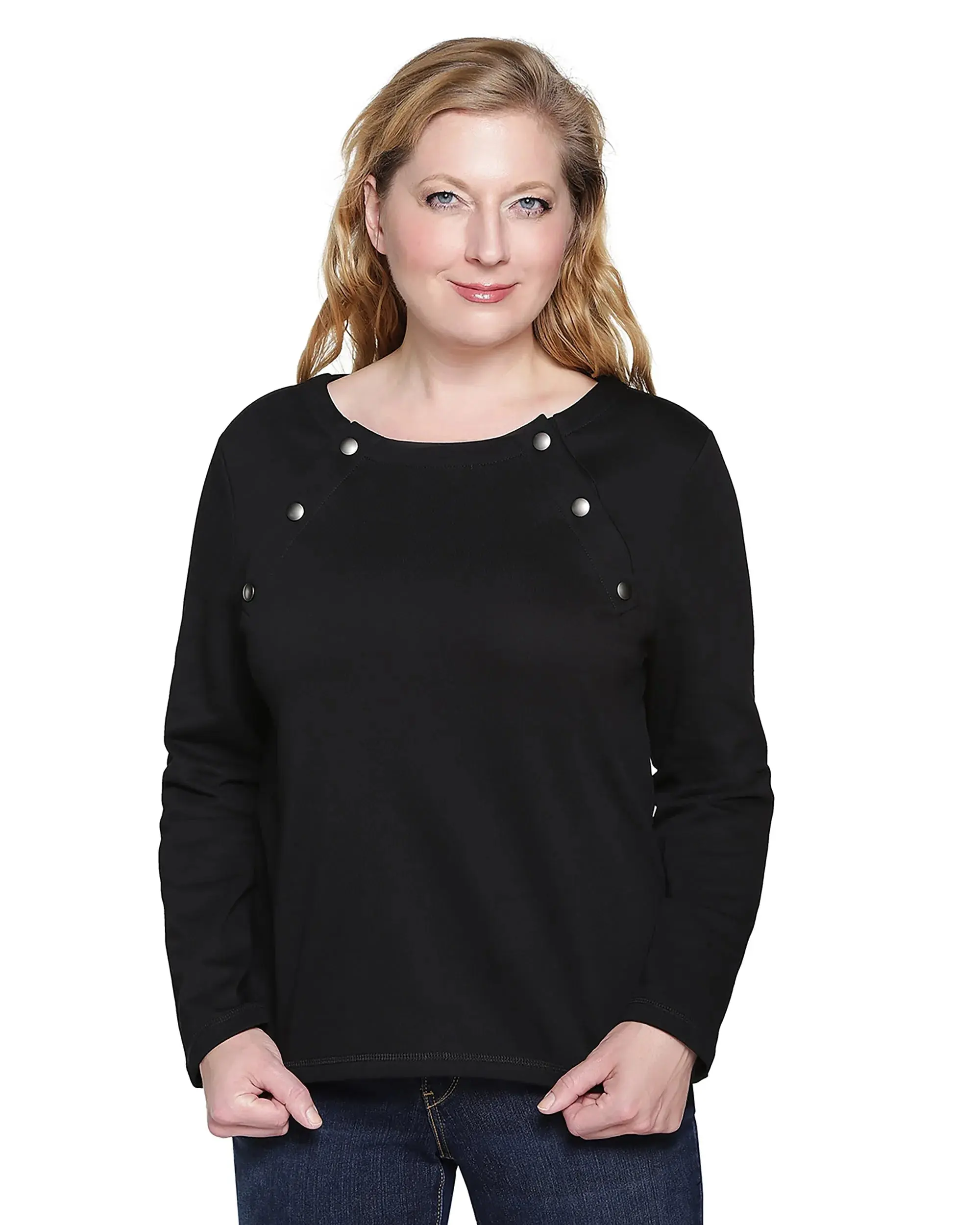 Women’s Adaptive Chemo & Dialysis Sweatshirt – Chest Port Access – Black | Comfortable Infusion & Treatment Top – Wear 2 Conquer