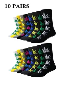 10 Pairs Neutral Maple Leaf Pattern Crew Socks, Graffiti Gothic Style, Breathable Sweat-Wicking, Gym/school/daily Use Essential
