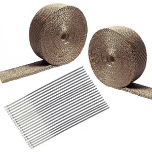 2 Rolls 2"x 50ft Thermal Header Pipe Tape Titanium Lava Exhaust Wrap 20 Ties Kit