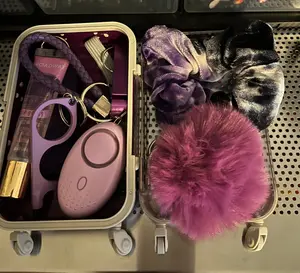 Young Adults Keychain Suitcase Edition with Leather Wristlet Lipgloss Holder Touchless Door Opener Can Opener Personal Alarm Scrunchie Zipper